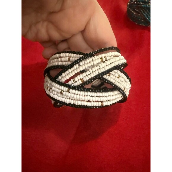 Set of 3 Seed Beaded Coil Wrap Bracelets: White, Teal, Multicolor Boho Gypsy - Picture 3 of 12